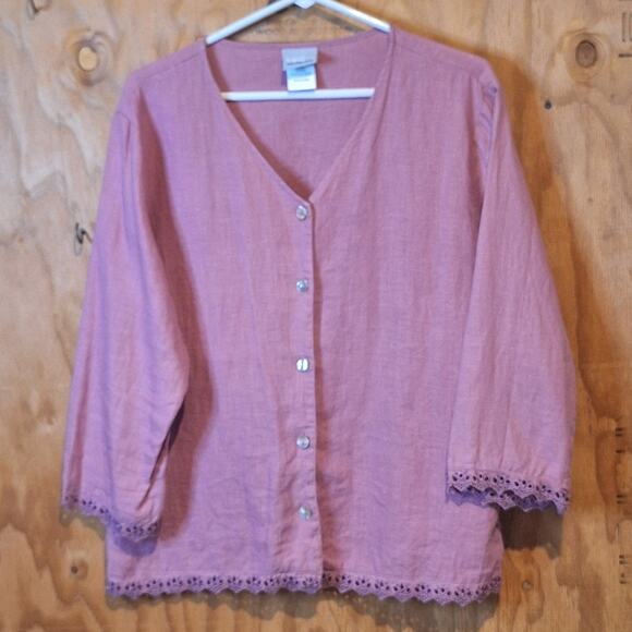 Two Star Dog Tops - Two Star Dog Shirt Women's Large 100% Linen Mauve Pink Lace Classic Workwear